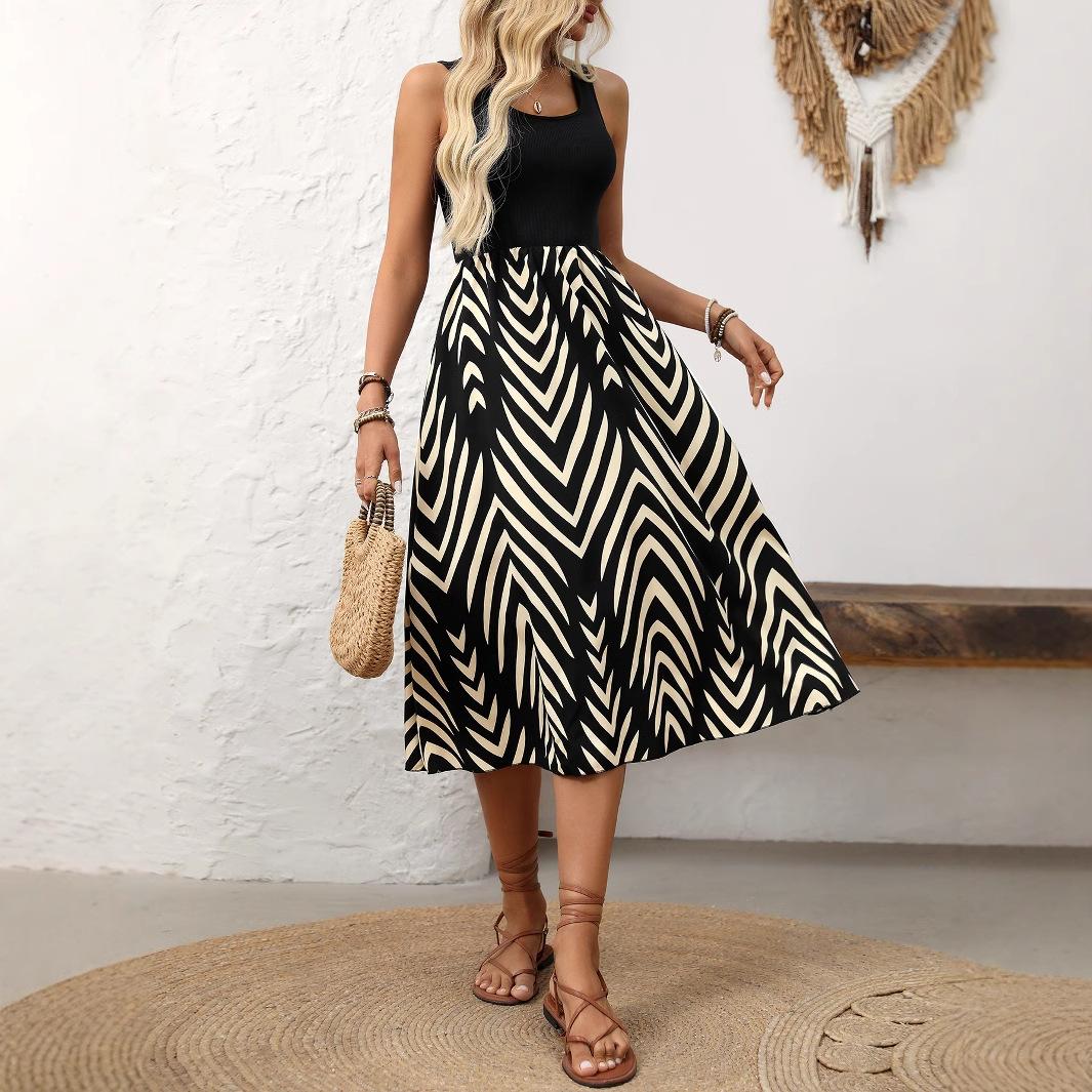 

Женское летнее повседневное платье без рукавов с U-образным вырезом и полосатым принтом для отдыха на пляже M