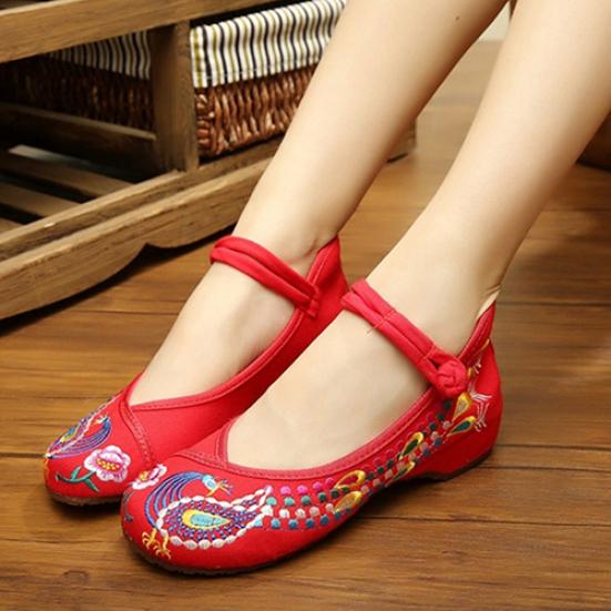 Women's Chinese Old Peking Style Phoenix Flower Embroidered Mary Jane Flat Shoes