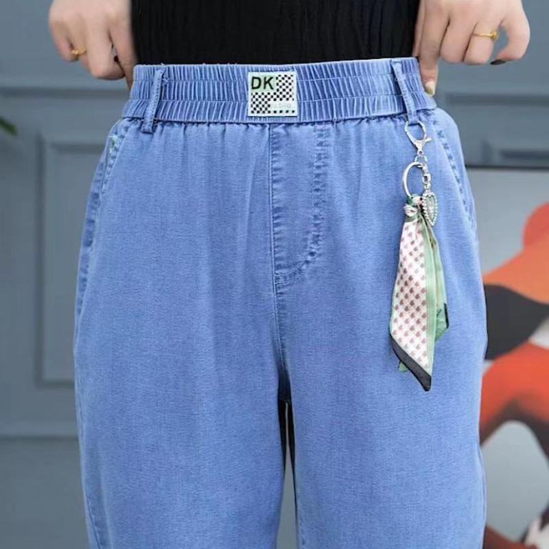 

Женские летние джинсовые брюки с высокой талией, свободные брюки Харлан прямого кроя из ледяного шелка L синий