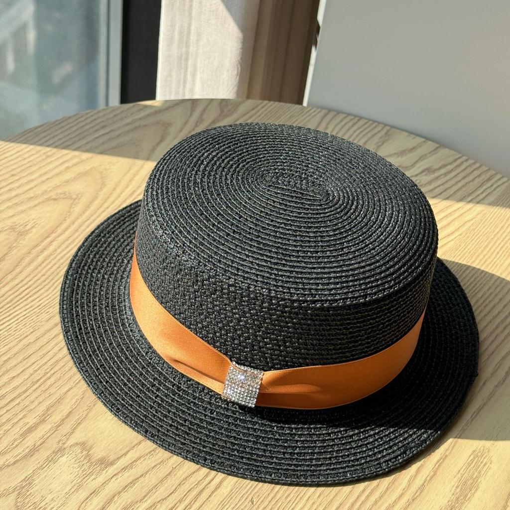 Female Elegant Top Hat French Big Head Circumference Hat Flat Top Straw Hat Seaside Vacation Sun Hat