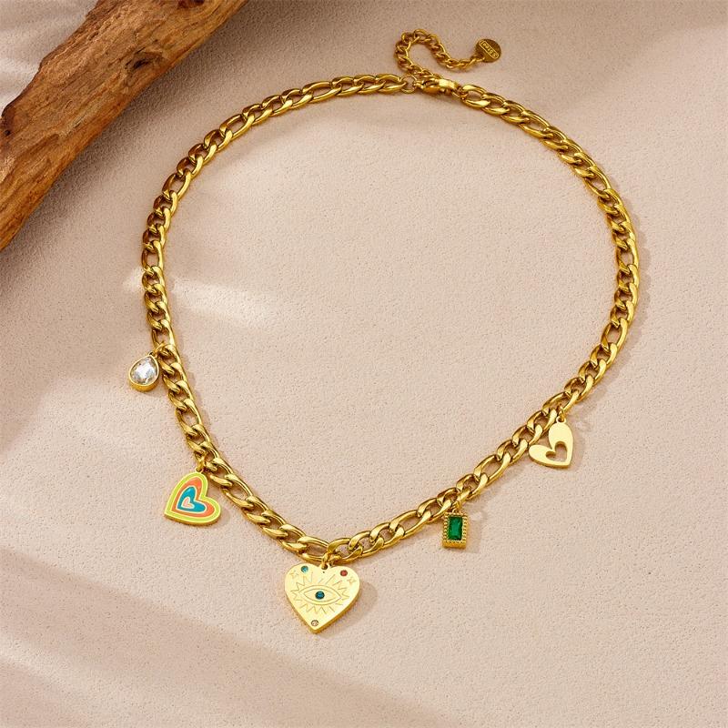 Gold Plated Stainless Steel Curb Chain Necklace with Multi-Charms (Heart, Evil Eye, Gemstone) for Women золотой