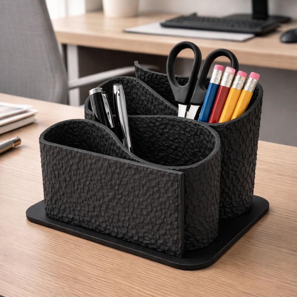 Black desk organizer with 3 compartments for accessories