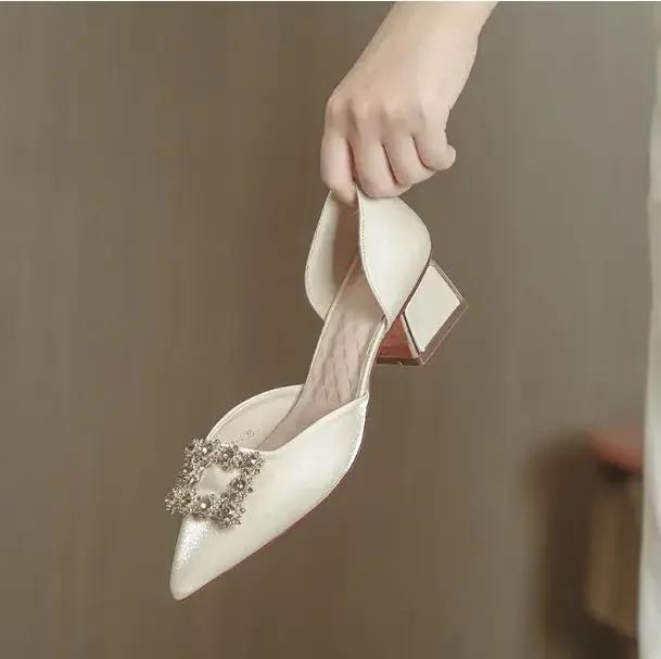 Fashion Women's Spring and Summer New Pointy High Heels Metal Buckle Wine Red Light Mouth Thick Wedding Shoes