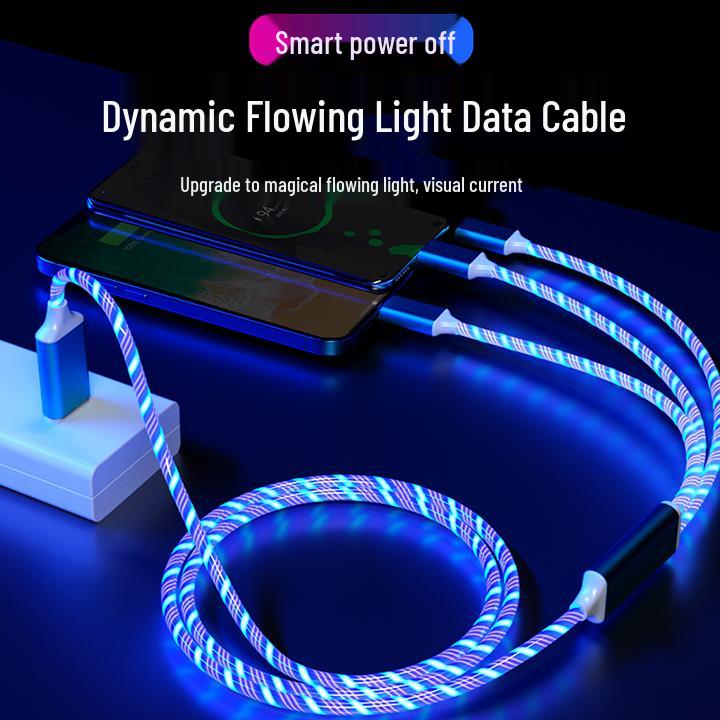 Three-in-One Fast Charging Cable with Flowing LED Lights for Android, iPhone, and Type-C - Seven-Color Night Light