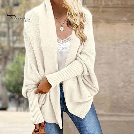 Dámský kardiganový kabát bez límce s netopýřími rukávy a dlouhým rukávem, otevřený vpředu, pletený kabát, elastické manžety, jednobarevný, volný střih, pletený kardigan