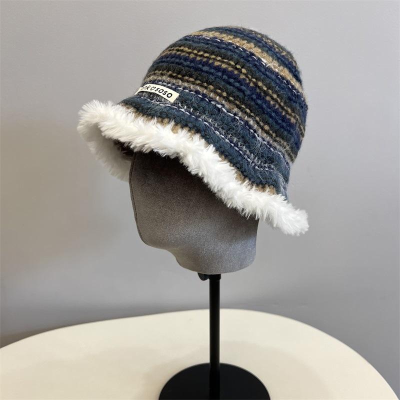 College Style Colored Stripes Contrasting Colors Knitted Bucket Hat Women Autumn and Winter Warm Ear Protection Plush Edge Basin Hat