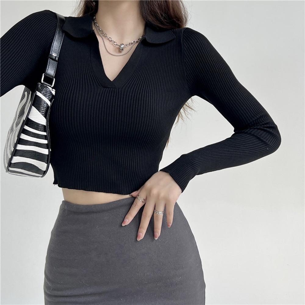 Herbst Elegant Hohe Taille Slim Fit Langarm Stricktop Damen Bluse Basisschicht