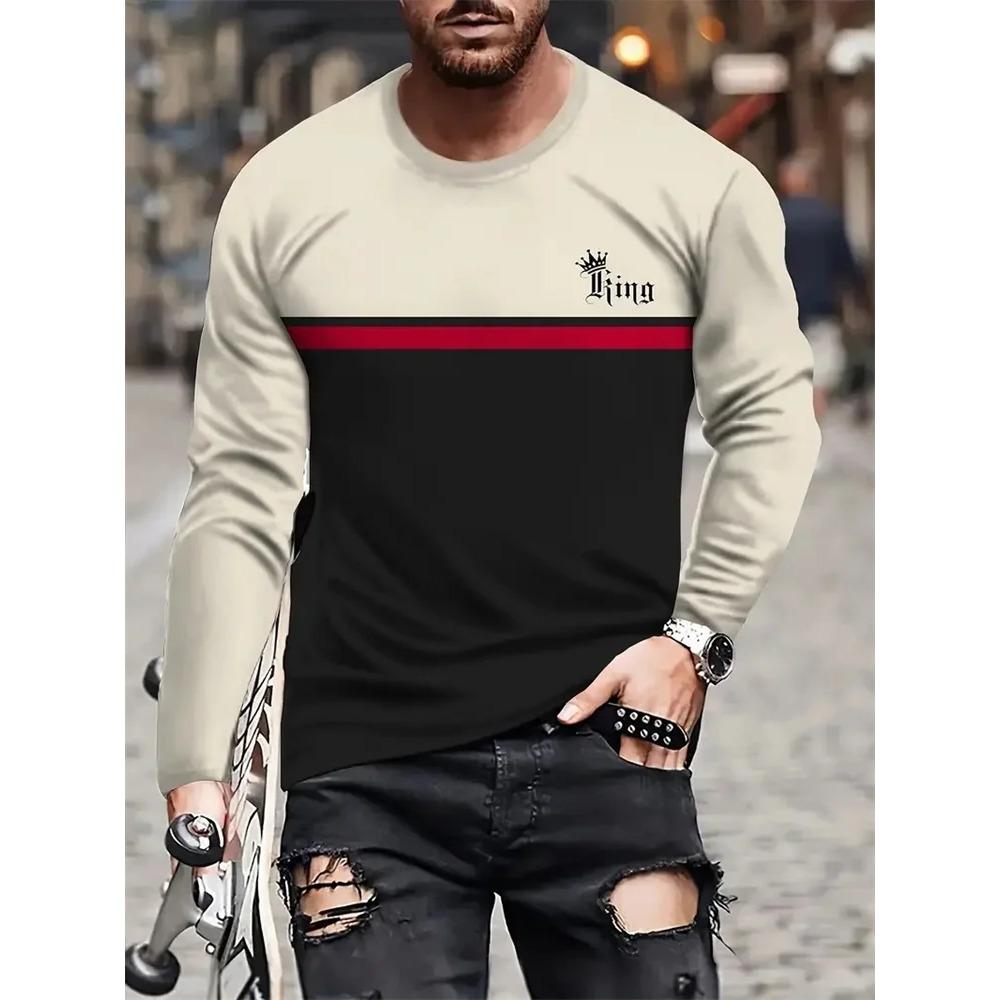 Spring and Autumn Round Neck 3D King Pattern Color Block Printed Top Fashionable Casual Long Sleeved Men's T-shirts