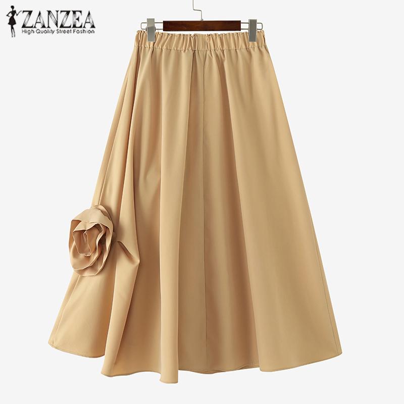 ZANZEA Kvinner Sommer Floral Ensfarge Løse A-linje skjørt