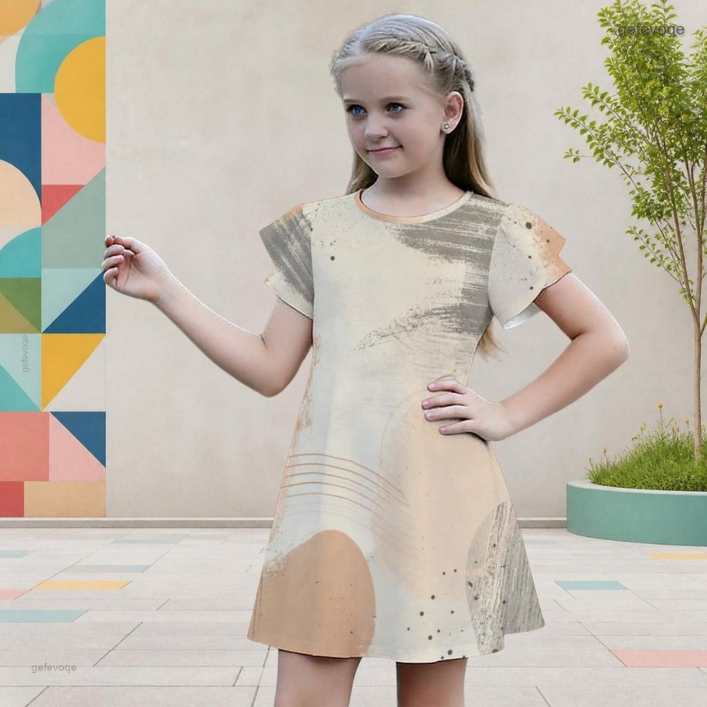 Little Girls Round Neck Flutter Sleeve Leaf Printed A Line Flared Dress