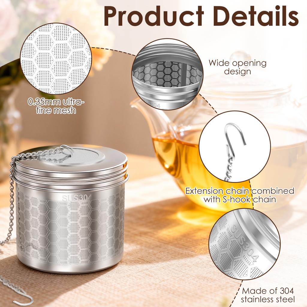 304 Stainless Steel Tea Strainer Leaf Spice Herbal Tea Infuser with Chain and S Hook Spice Infuser Strainer for Home and Office