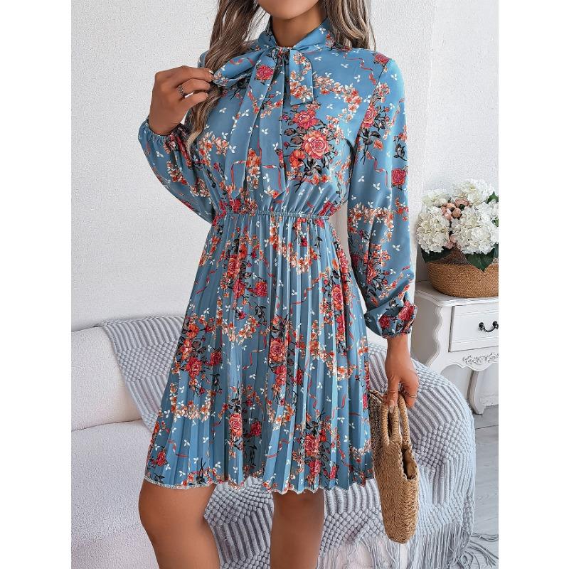Women's Autumn and Winter Elegant Flower Lace-up Waist Long Sleeve Pleated Dress
