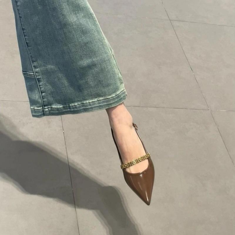 [] Mary Jane Single Shoes Women's Summer New Pointed Flat Bottom Metal Chain Sandals