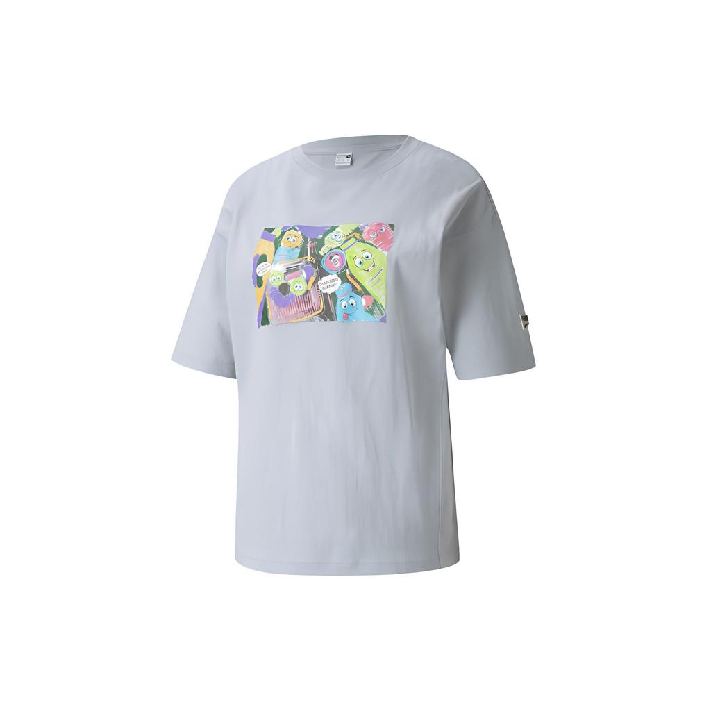 Puma Downtown Graphic Casual Sports Round Neck Short Sleeve T-Shirt Women Tops Grey Blue 533050-71
