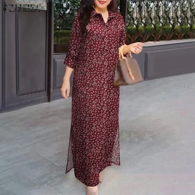 Women Casual Turn Down Collar 3/4 Sleeve Loose Cotton Dress