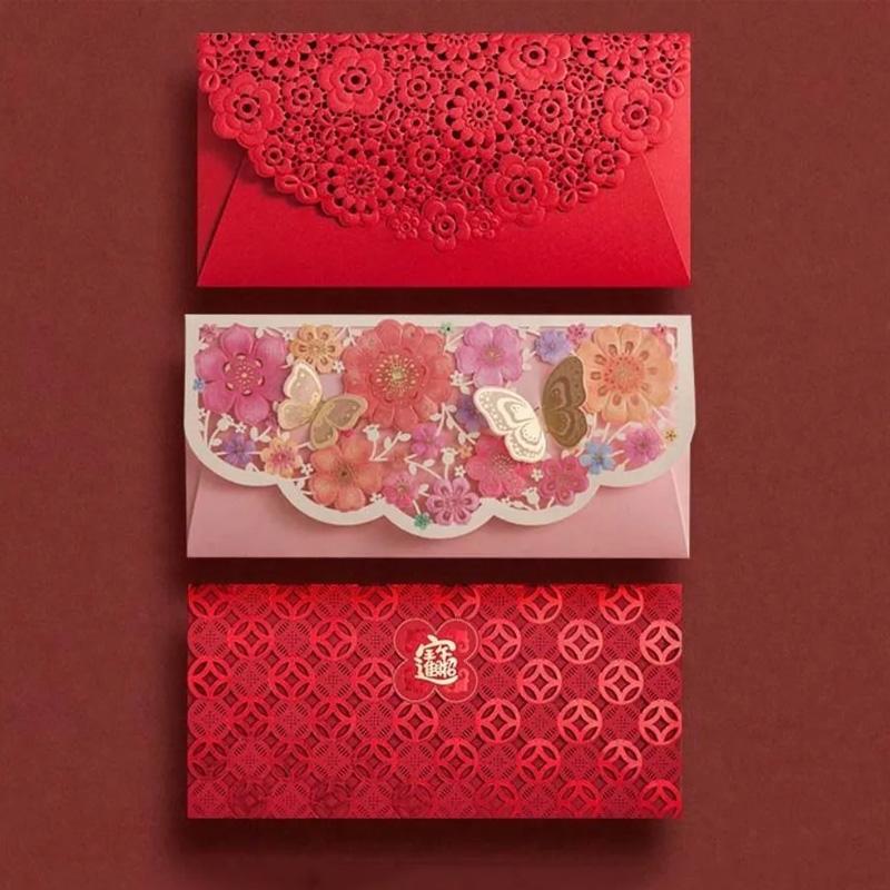 1PC Lucky Money Bag Rectangular Laser Engraving New Year Red Envelopes Marriage Hollow Embossed 3D