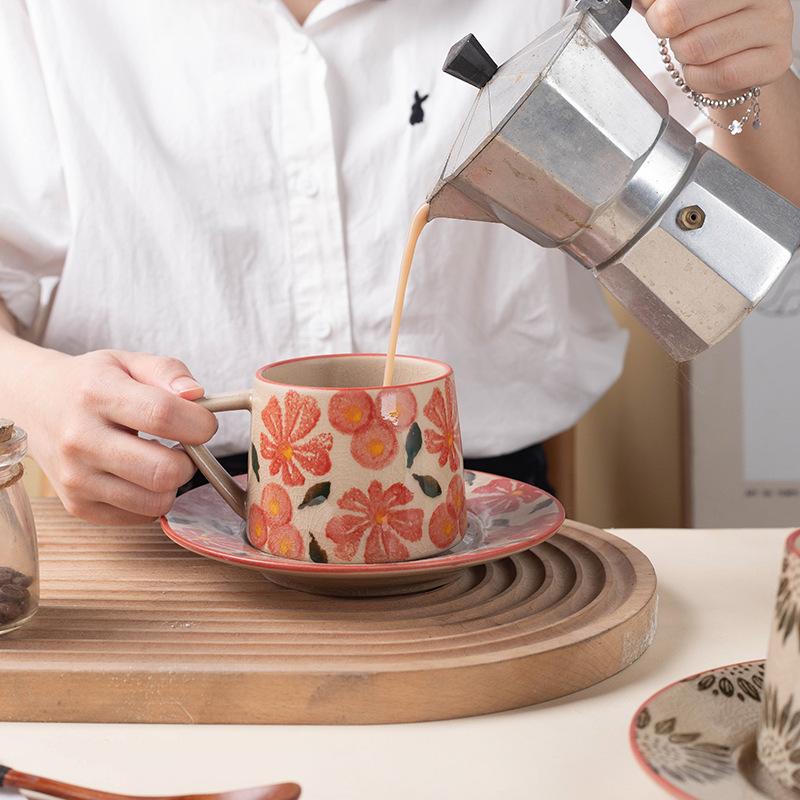 ins ceramic creative set, latte cup, mug, office afternoon tea, coarse pottery coffee cup, saucer gift box.