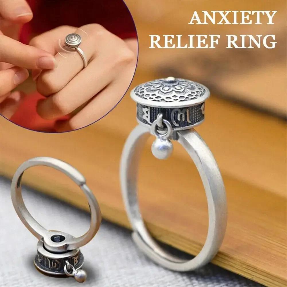 Buddhist Rotating Fidget Finger Rings for Women Spinner Adjustable Good Luck Buddhist Tibetan Prayer Anti Stress Anxiety Ring