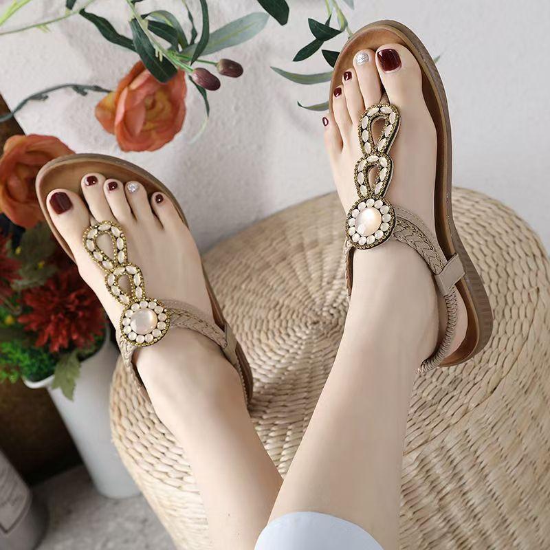 New Women's Summer Flip-Flop Bohemian Sandals Soft Sole Non Slip Rhinestone  Outdoor Big Size Beach Sandals Flat Sole Sandals