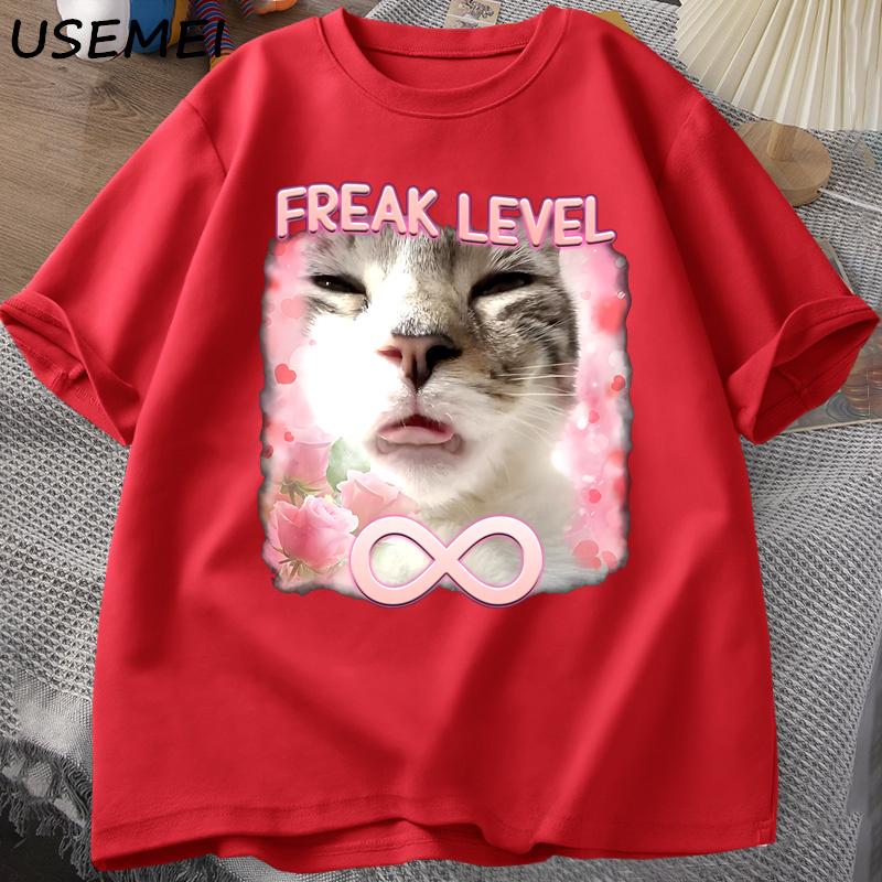 Freak Level Infinite Funny Cat Meme Tshirts for Unisex Women Harajuku Print Silly Cats Tshirt Unisexs Cotton Short Sleeve Tshirts S