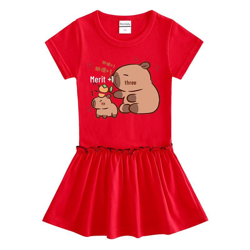 Summer Cartoon Raglan Color-Block Short Sleeve Pleated Dress for Girls