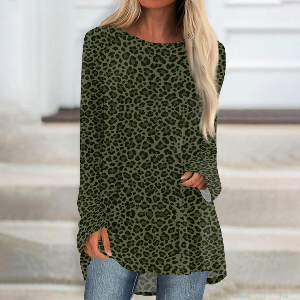 Women's Leopard Print Long Sleeve Casual Tunic Tee Shirt with Neck