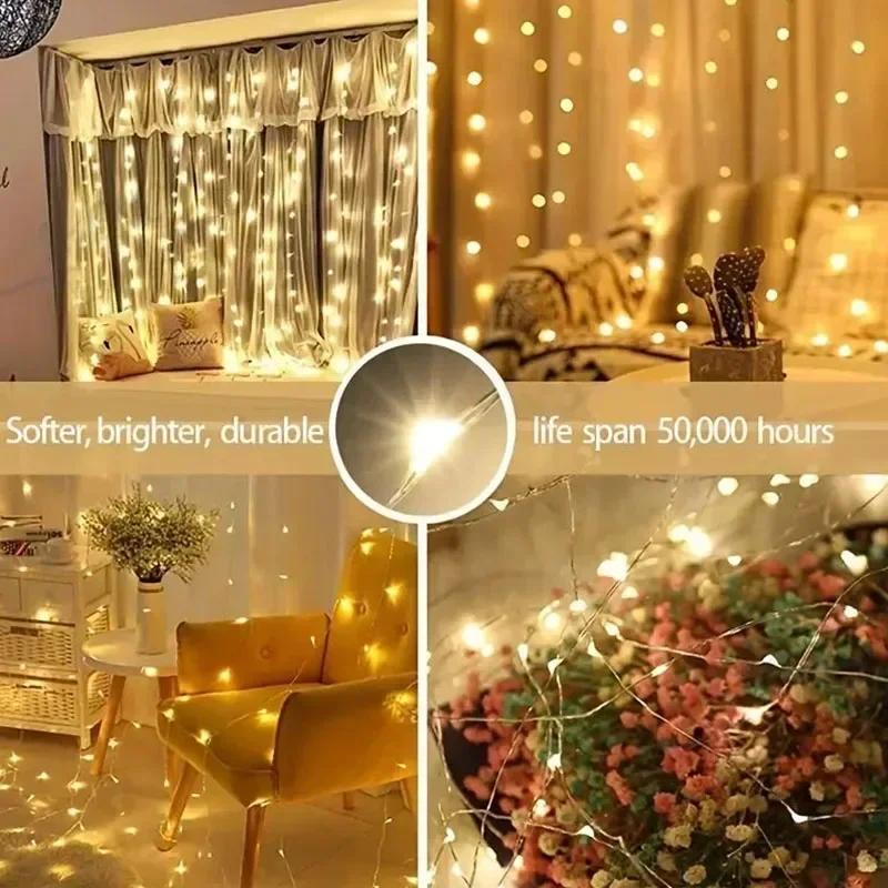 USB 3x1M Curtain String Lights 100 LED Fairy Lights with Remote Control 8 Modes Copper Wire for Room Window Christmas Wedding Party Decor