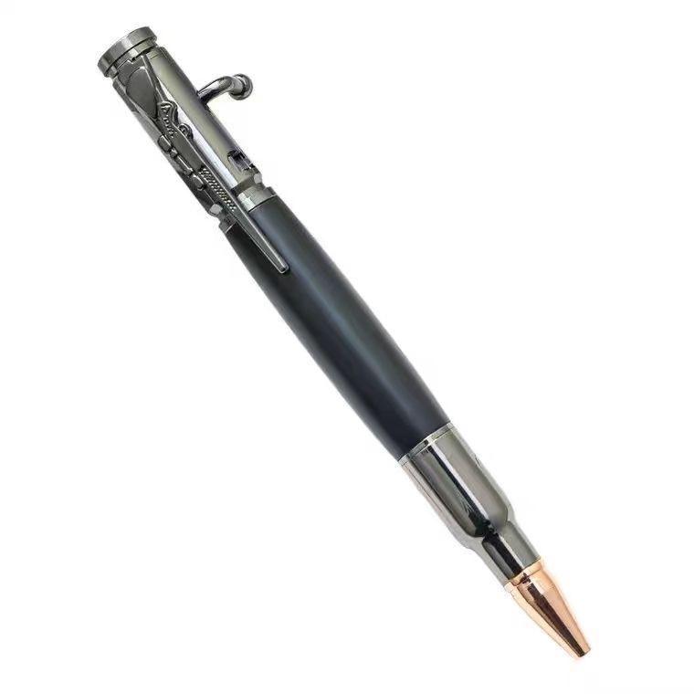 Brass Sandalwood Gun Handle Ballpoint Pen, Engravable Submachine Gun Design