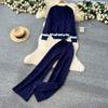 Herbst Winter Damen Lässig Gestrickter Pullover Hose Zweiteiler Langarm Pullover Oberteile und Weitbein Hose Trainingsanzug