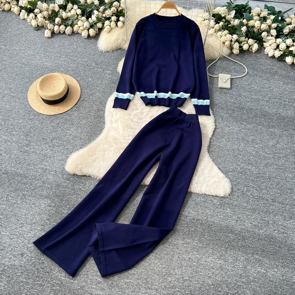 Herbst Winter Damen Lässig Gestrickter Pullover Hose Zweiteiler Langarm Pullover Oberteile und Weitbein Hose Trainingsanzug