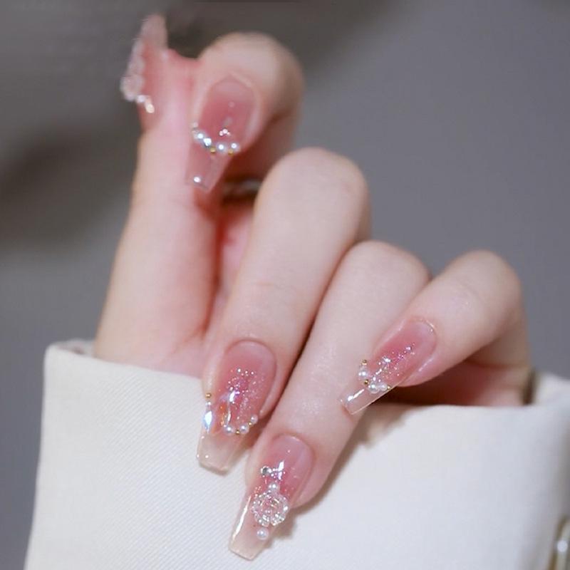 

Handmade Medium-Long Camellia Aurora Diamond Press-On Nails Glue Style