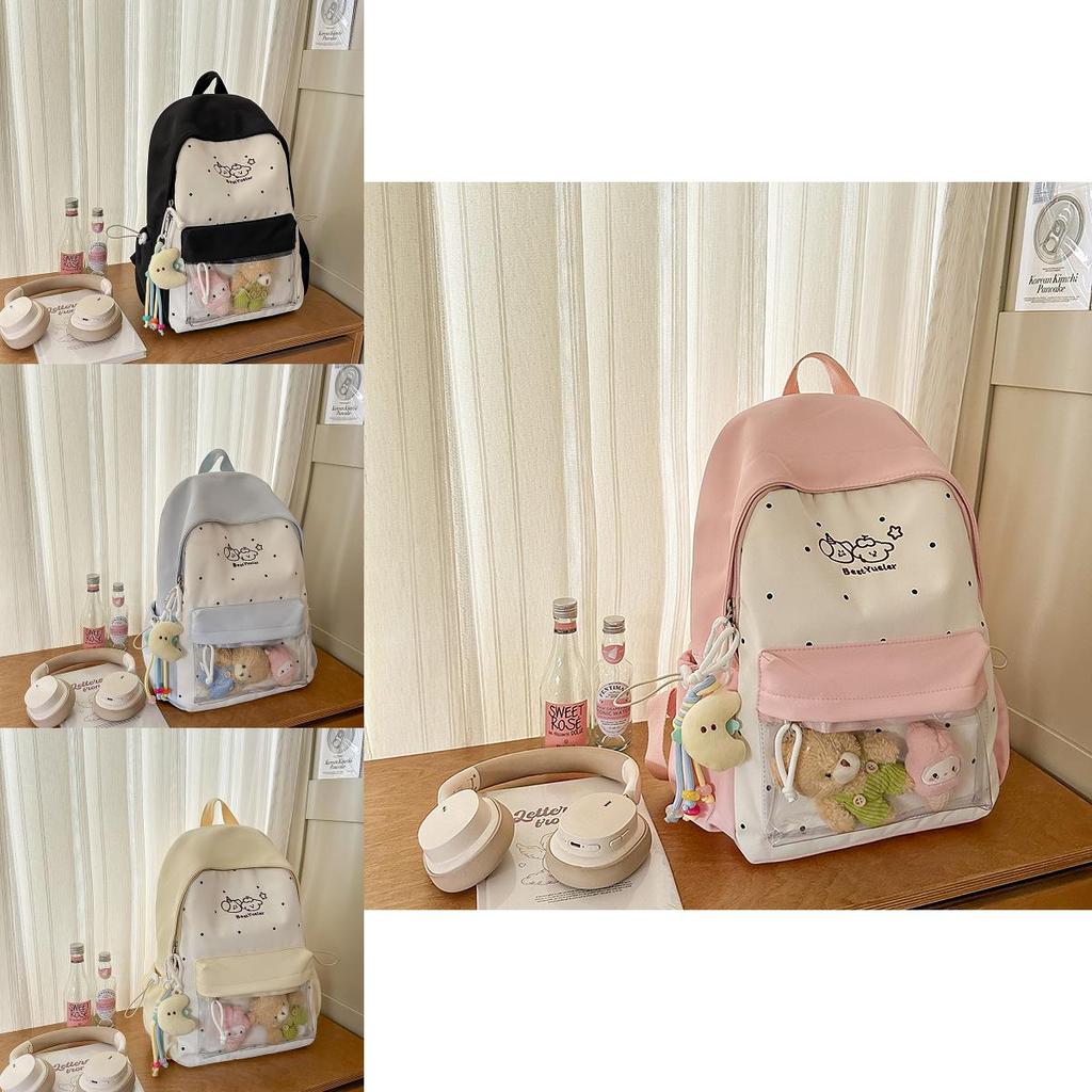 Süße Farbblock-Punkte-Cartoon-Kaninchen-Muster Schultasche Mit Anhänger Für Reisen Und Schule