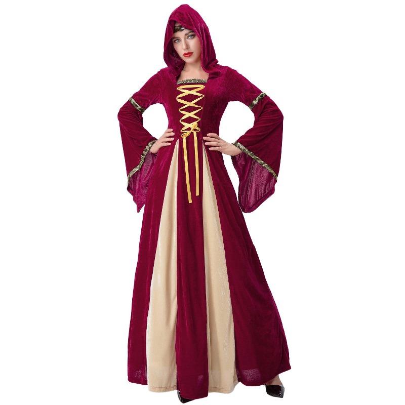 Mittelalterliches Hofköniginnenkleid, Kapuzen-Vintage-Vampir-Zombie-Hexenkleid, aristokratisches Prinzessinnenkleid