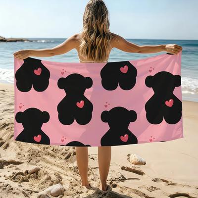 Cute Bear Silhouette Print Beach Towel,Soft Microfiber Lightweight Quick Dry,Oversized for Travel Camping,Love Heart Decor Towel