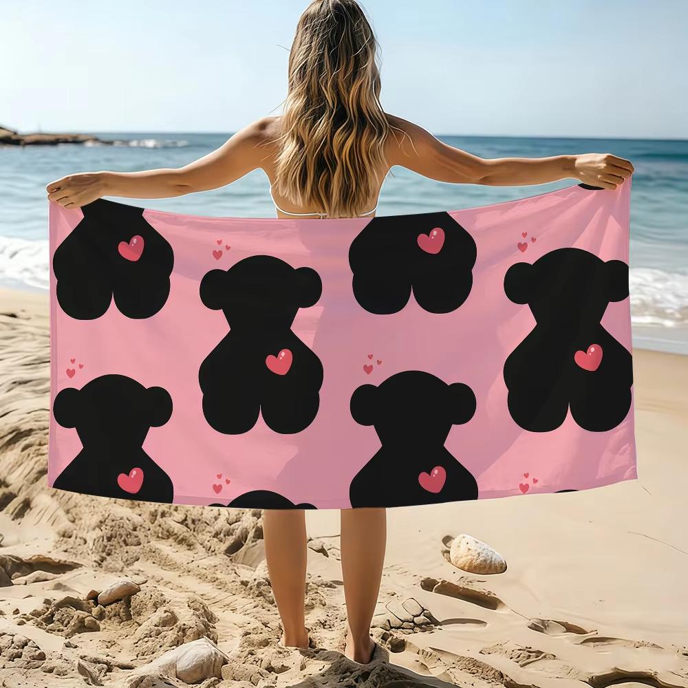 Cute Bear Silhouette Print Beach Towel,Soft Microfiber Lightweight Quick Dry,Oversized for Travel Camping,Love Heart Decor Towel
