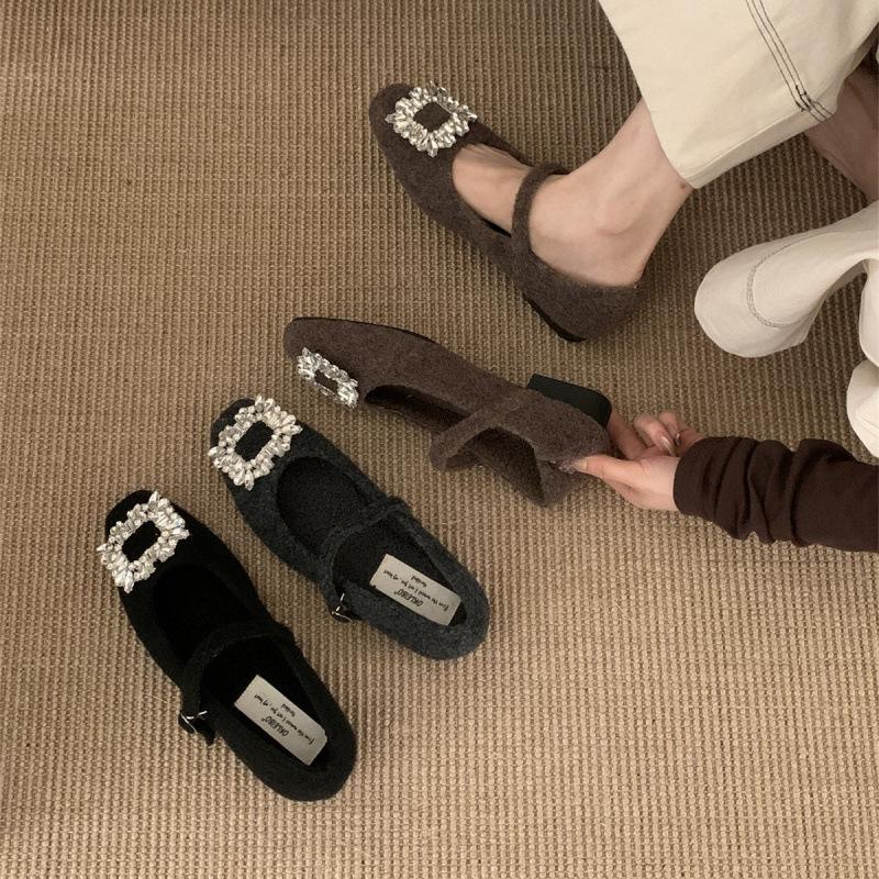 Xiaoxiangfeng woolen rhinestone square head fluffy Mary Jane shoes women's autumn and winter velvet cotton shoes middle heel ladyshoes women's sin