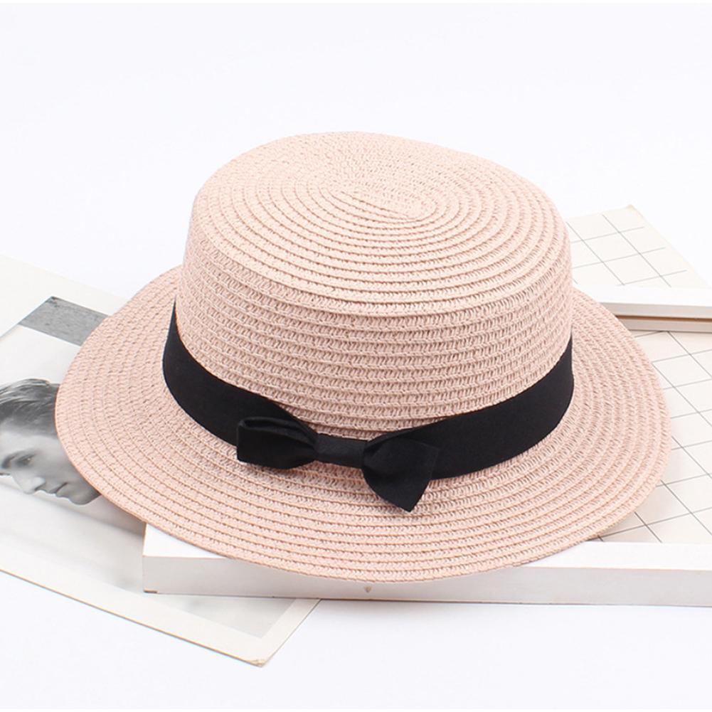 Women Fashion Straw Hat  Retro Bowknot Flat Top Hat Sunshade Beach Hat Summer