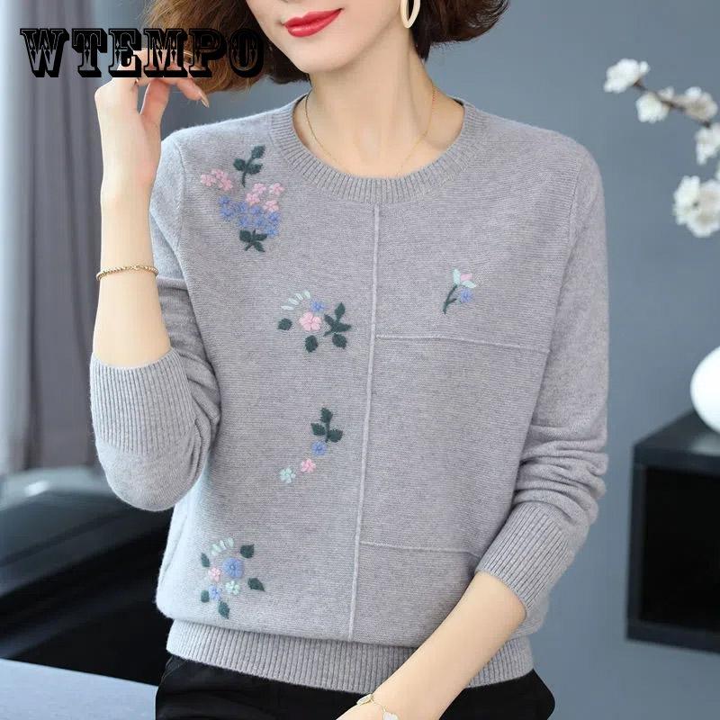 

Весна и осень Женский вышитый свитер Короткий пуловер Трикотажная нижняя рубашка Топ