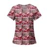 Women's Fashion Printed Short Sleeve V Neck Pattern Tops Pocket Working T-shirts
