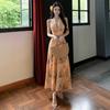 French Oil Painting Printing Halter Neck Dress Women's First Love Long Dress Gentle and Beautiful Beach Dress Summer