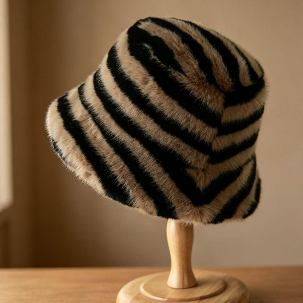 Fluffy Striped Fisherman Hat Faux Fur Basin Hat New Bonnet Cap