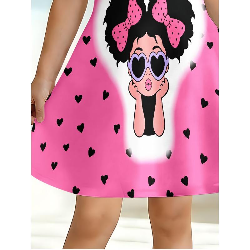 Cute Cartoon Girl Wearing Sunglasses Printed Children's Girl Casual Dress Short Sleeved A-line Dress Suitable for Birthday Gifts