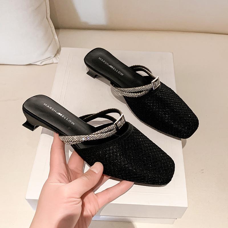 Rhinestone Fashion Outer Wear Bag Head Slippers 2025 Summer New Versatile Thick Heel Round Head One Pedal and Half Drag