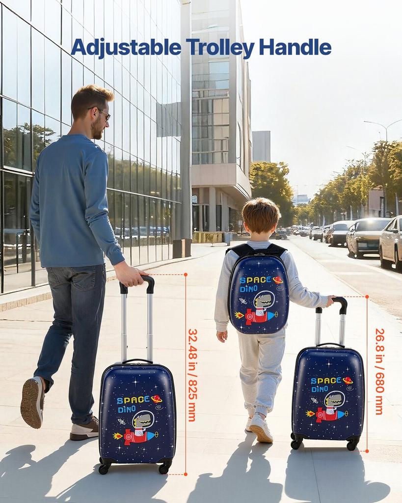 Kids Luggage Set, 2 Piece, 45.7 cm Hardside Rolling Wheels Suitcase with Hard-Shell Backpack, Dinosaur Kids Carry on Luggage Set, Holiday Birthday
