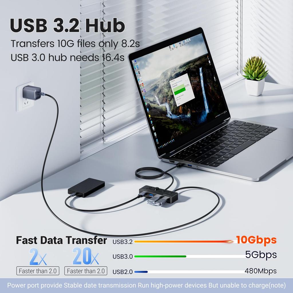 Qeefun USB Hub with Individual LED Power 10Gbps Data Extension Multiple USB Extender for USB Flash and More 4-Port 3.2 Switch, Transfer, 1.2M Cable,