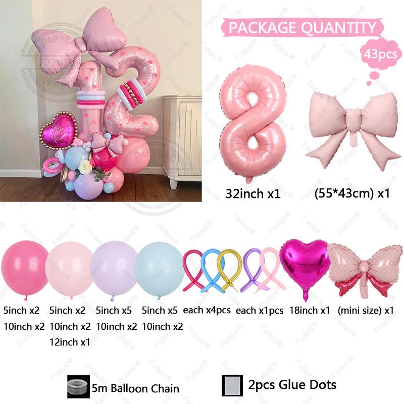 

43PCS Pink Bow Theme Bouquet Balloon Set with 32inch Pink Number Girl First Birthday Party Decoration Baby Shower Helium Globos 32inch