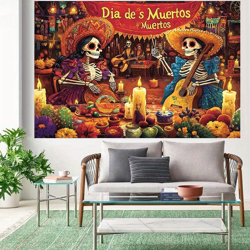 Vibrant Day of the Dead background banner - Mexican decoration skull musician marigold and candle patterns - polyester