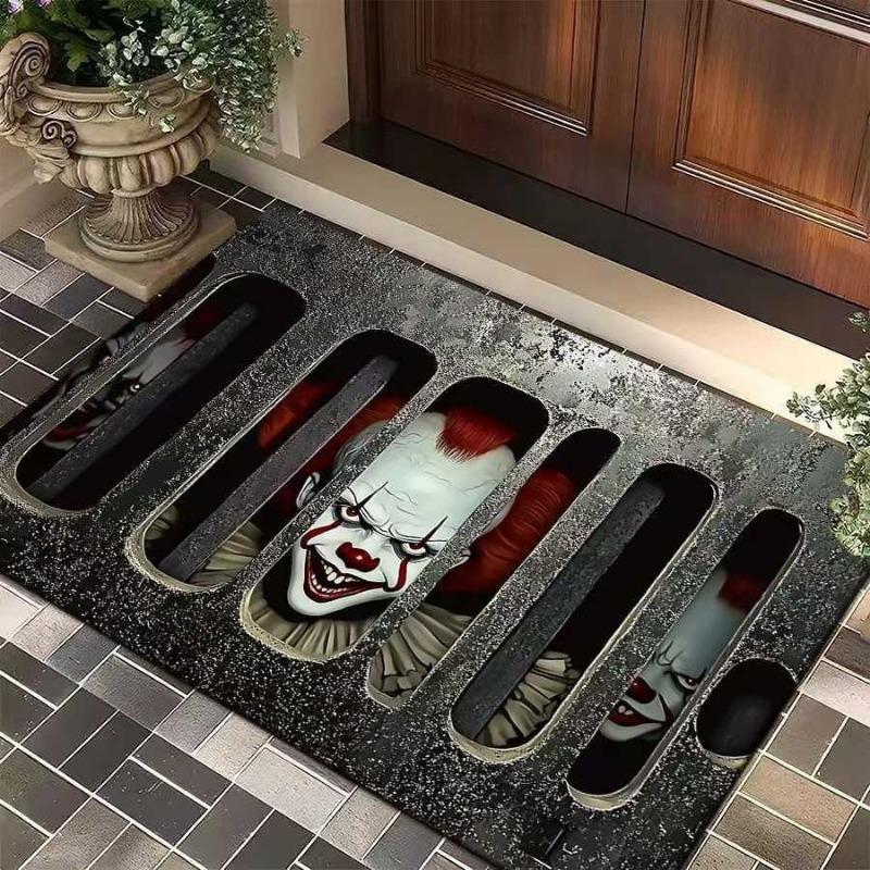 Halloween Clown Horror Theme Doormat Manhole Cover Design Entryway Anti Slip Mat Halloween Decor Personalized Rug