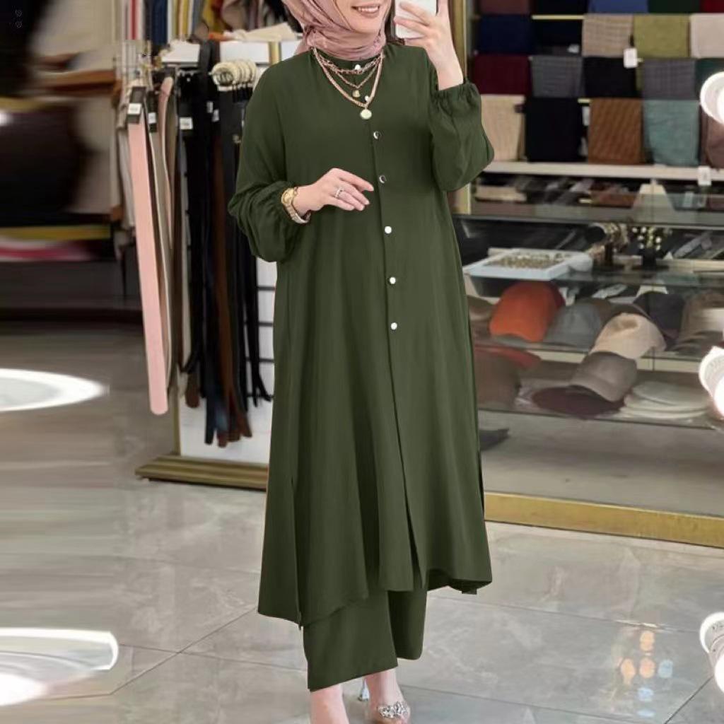 2024 New Middle East Muslim Women's Solid Color Set with Mushroom Button Elastic Sleeves