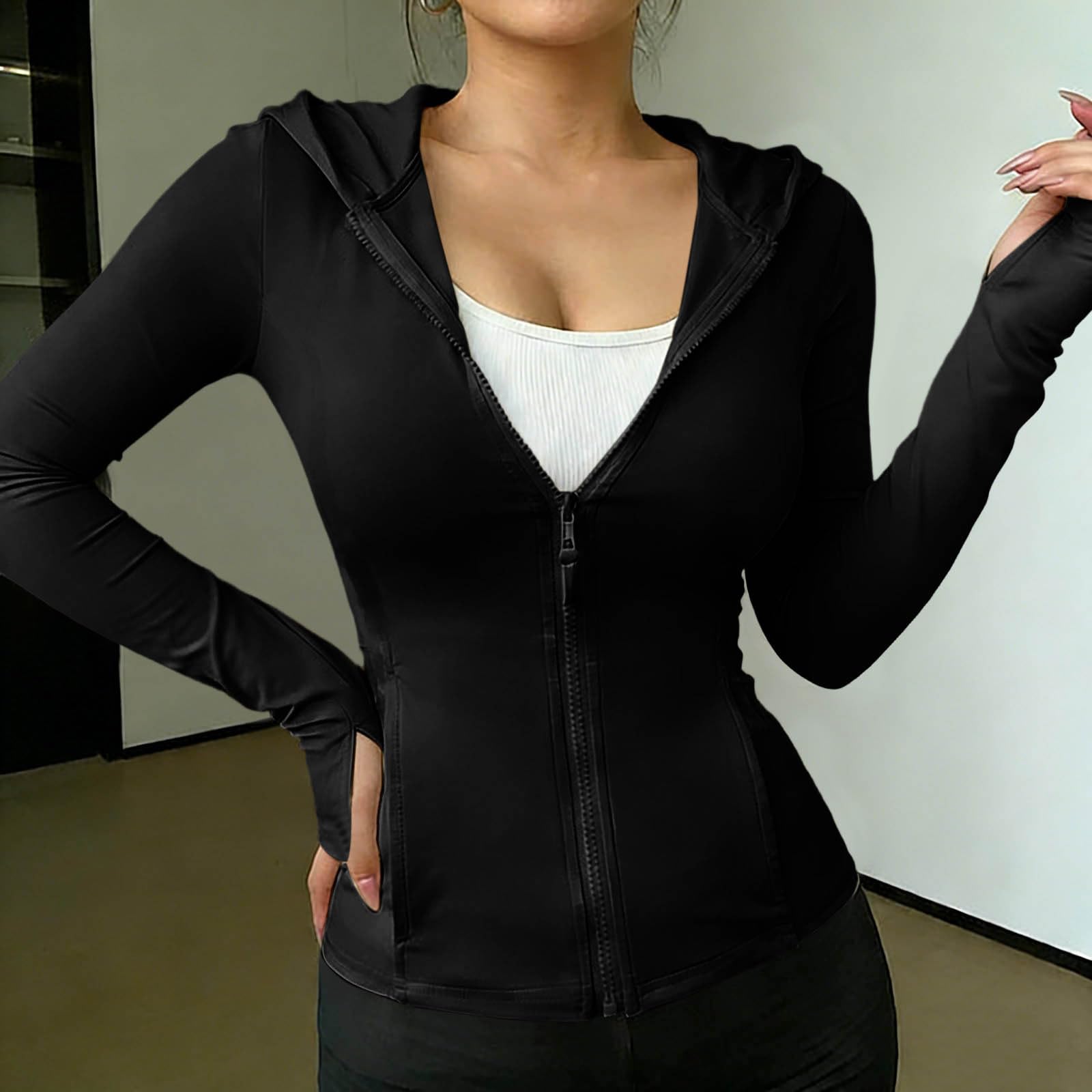 

Women s Fashionable Casual Breathable Hooded Fitted Top With Thumb Holes As A Guard L